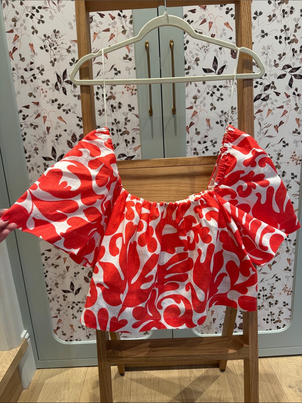 RHODE Red and White Off-Shoulder Crop Top